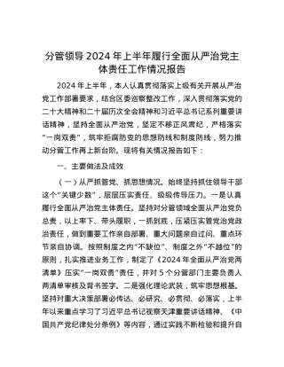 分管领导2024年上半年履行全面从严治党主体责任工作情况报告.docx
