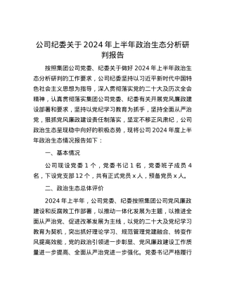 公司纪委关于2024年上半年政治生态分析研判报告.docx