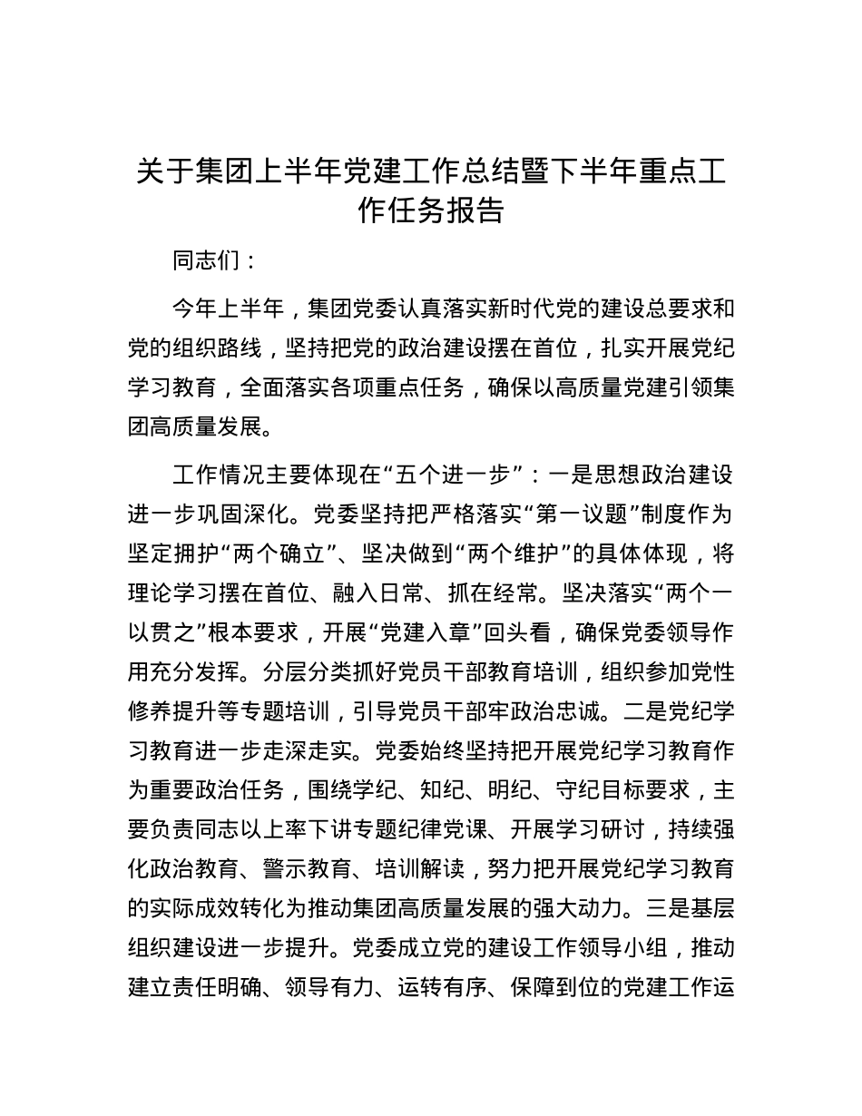 关于集团上半年党建工作总结暨下半年重点工作任务报告.docx_第1页