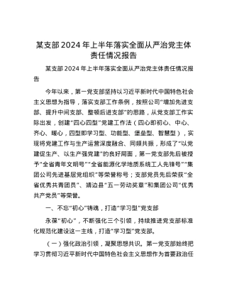 某支部2024年上半年落实全面从严治党主体责任情况报告.docx