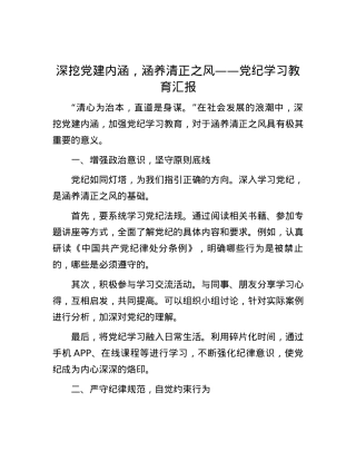 深挖党建内涵，涵养清正之风——党纪学习教育汇报.docx