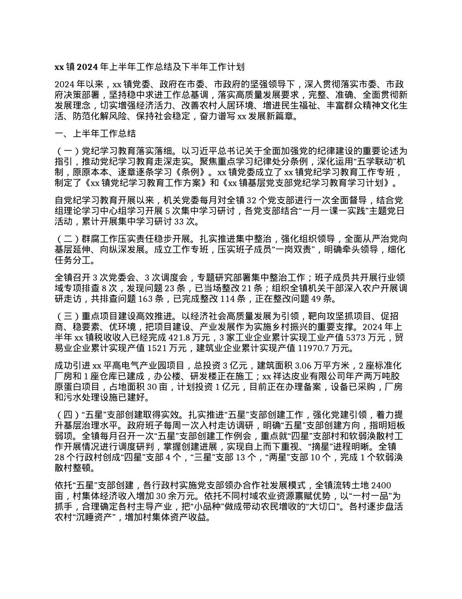 xx镇2024年上半年工作总结及下半年工作计划.docx_第1页