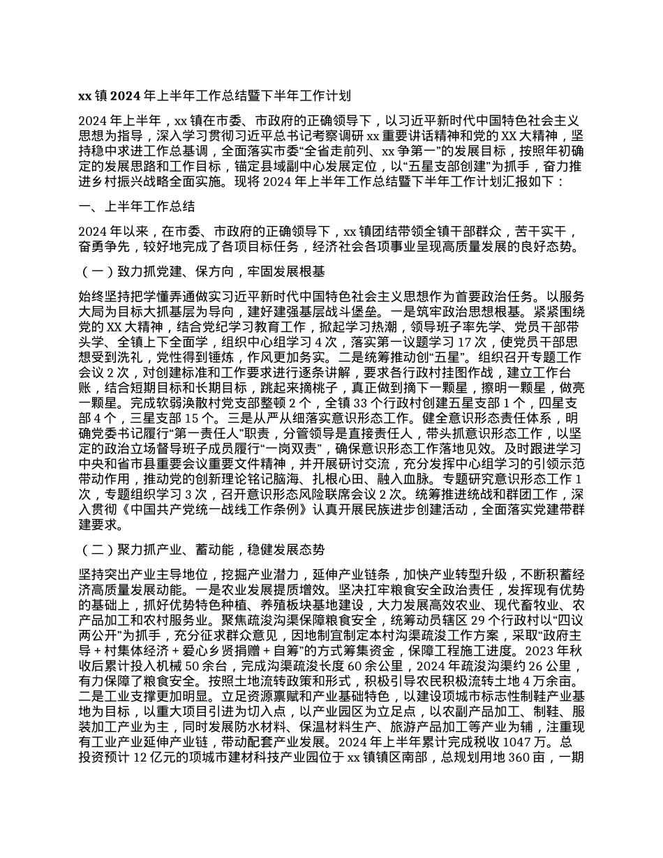 xx镇2024年上半年工作总结暨下半年工作计划.docx_第1页