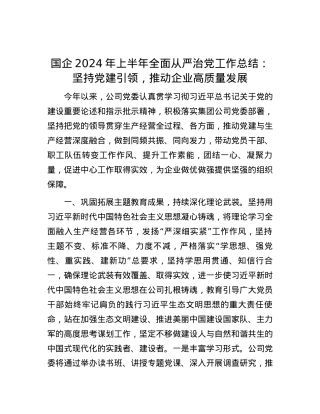 国企2024年上半年全面从严治党工作总结：坚持党建引领，推动企业高质量发展.docx
