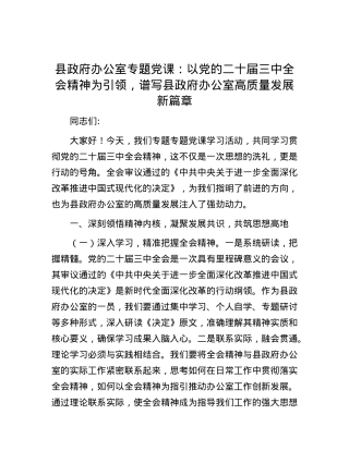 县政府办公室专题党课：以党的二十届三中全会精神为引领，谱写县政府办公室高质量发展新篇章.docx