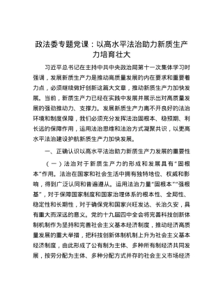 政法委专题党课：以高水平法治助力新质生产力培育壮大.docx