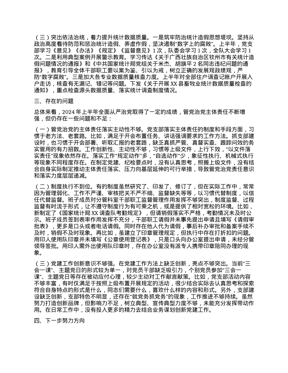中共国家统计局XX调查队支部关于2024年上半年落实全面从严治党主体责任情况的通报.docx_第2页