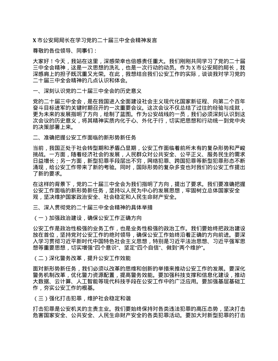 X市公安局局长在学习党的二十届三中全会精神发言.docx_第1页