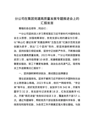 分公司在集团党建高质量发展专题推进会上的汇报发言.docx