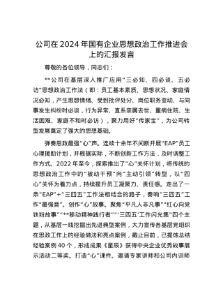 公司在2024年国有企业思想政治工作推进会上的汇报发言.docx