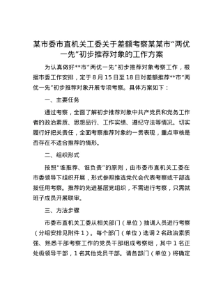 某市委市直机关工委关于差额考察某某市“两优一先”初步推荐对象的工作方案.docx