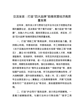 交流发言：打造“四大品牌”助推民营经济高质量发展.docx