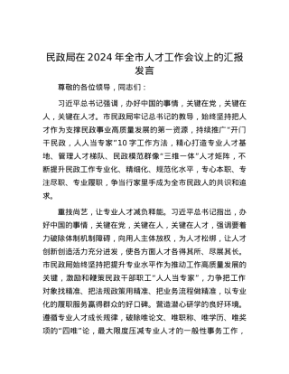 民政局在2024年全市人才工作会议上的汇报发言.docx