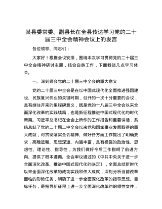 某县委常委、副县长在全县传达学习党的二十届三中全会精神会议上的发言.docx