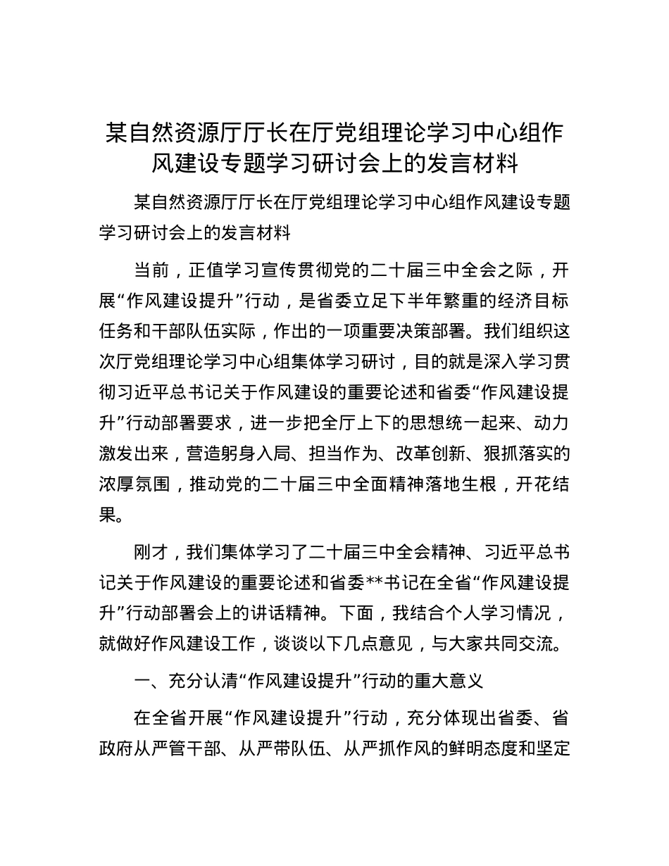 某自然资源厅厅长在厅党组理论学习中心组作风建设专题学习研讨会上的发言材料.docx_第1页