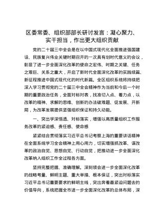 区委常委、组织部部长研讨发言：凝心聚力、实干担当，作出更大组织贡献.docx