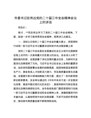 市委书记在传达党的二十届三中全会精神会议上的讲话.docx