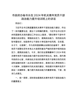 市政府办秘书长在2024年机关青年党员干部政治能力提升培训班上的讲话.docx