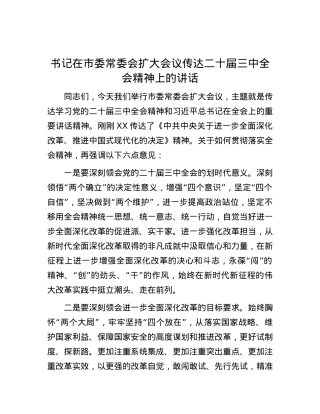 书记在市委常委会扩大会议传达二十届三中全会精神上的讲话.docx