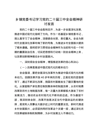 乡镇党委书记学习党的二十届三中全会精神研讨发言.docx