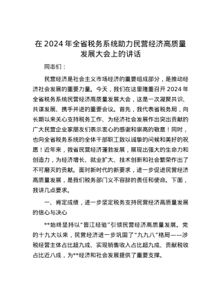 在2024年全省税务系统助力民营经济高质量发展大会上的讲话.docx