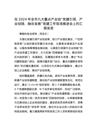 在2024年全市九大重点产业链“党建引领、产业链接、融合发展”党建工作现场推进会上的汇报发言.docx