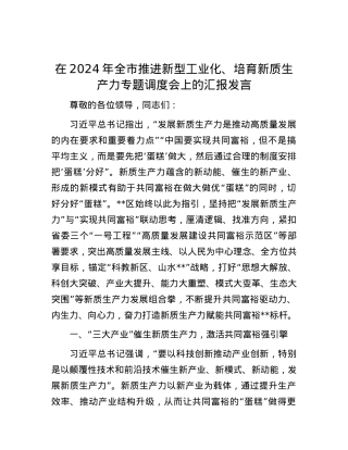 在2024年全市推进新型工业化、培育新质生产力专题调度会上的汇报发言.docx