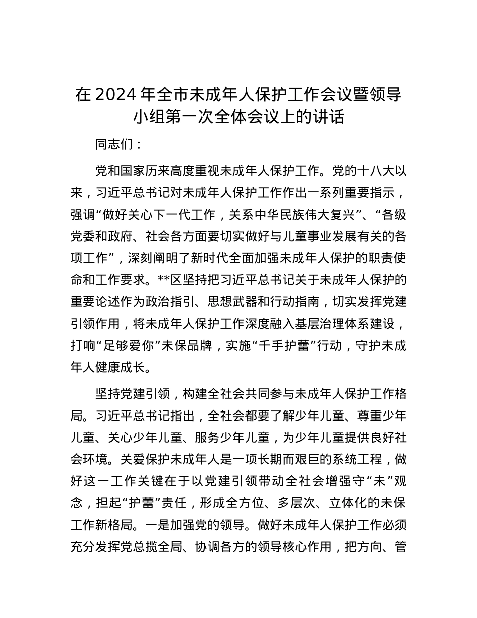 在2024年全市未成年人保护工作会议暨领导小组第一次全体会议上的讲话.docx_第1页