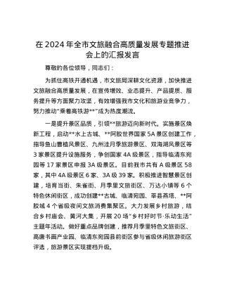 在2024年全市文旅融合高质量发展专题推进会上的汇报发言.docx