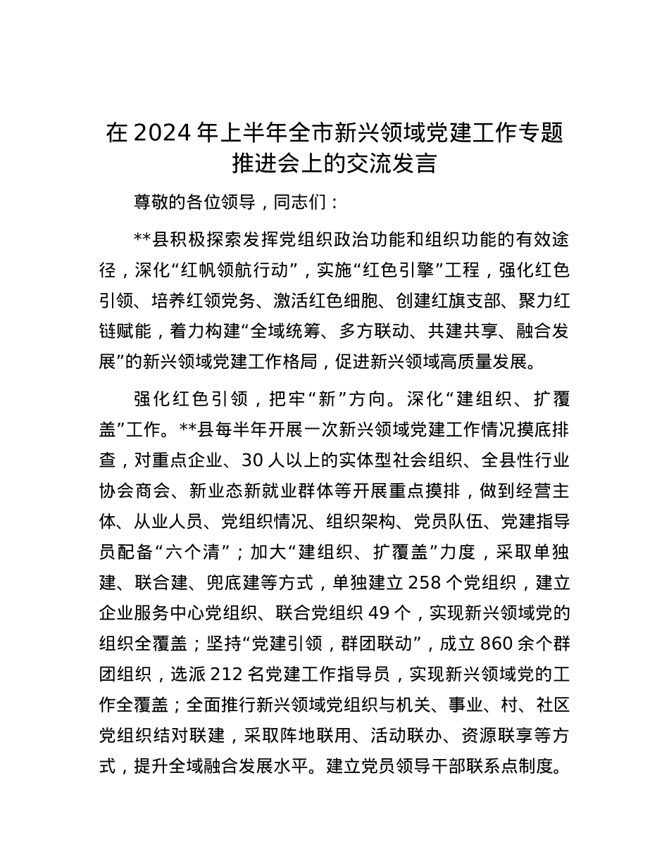 在2024年上半年全市新兴领域党建工作专题推进会上的交流发言.docx_第1页