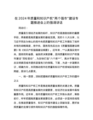 在2024年质量和知识产权“两个强市”建设专题推进会上的强调讲话.docx