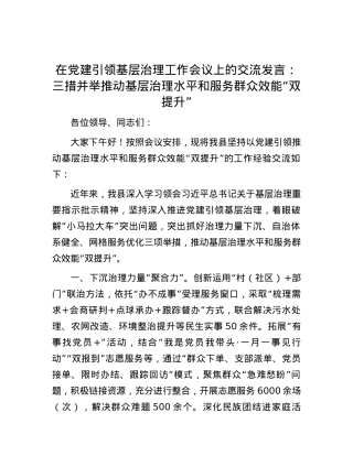 在党建引领基层治理工作会议上的交流发言：三措并举推动基层治理水平和服务群众效能“双提升”.docx