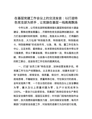 在基层党建工作会议上的交流发言：以打造特色党支部为抓手，让党旗在基层一线高高飘扬.docx