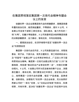 在集团贯彻落实集团第一次党代会精神专题会议上的发言.docx