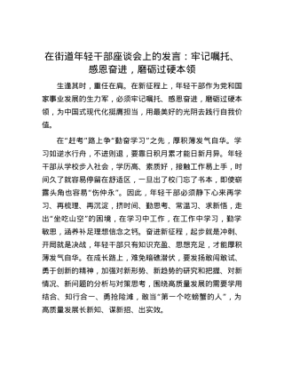 在街道年轻干部座谈会上的发言：牢记嘱托、感恩奋进，磨砺过硬本领.docx