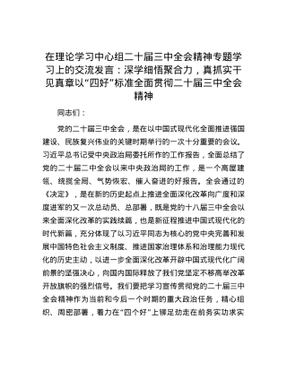 在理论学习中心组二十届三中全会精神专题学习上的交流发言：深学细悟聚合力，真抓实干见真章以“四好”标准全面贯彻二十届三中全会精神.docx