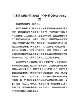 在市国资国企系统思政工作经验交流会上的发言.docx