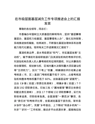 在市级层面基层减负工作专项推进会上的汇报发言.docx