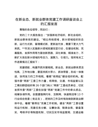在新业态、新就业群体党建工作调研座谈会上的汇报发言.docx
