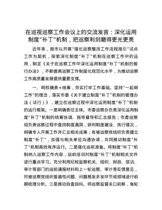在巡视巡察工作会议上的交流发言：深化运用制度“补丁”机制，把巡察利剑磨得更光更亮.docx