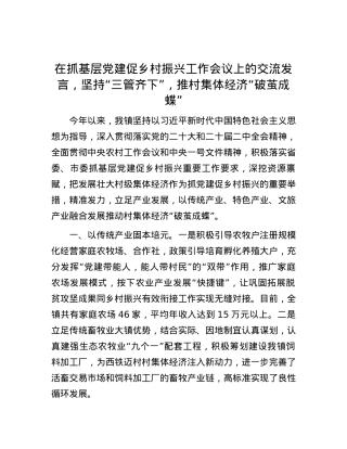 在抓基层党建促乡村振兴工作会议上的交流发言，坚持“三管齐下”，推村集体经济“破茧成蝶”.docx