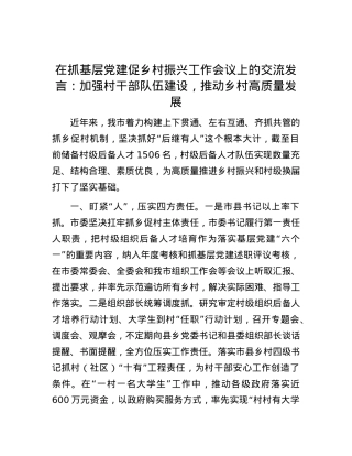 在抓基层党建促乡村振兴工作会议上的交流发言：加强村干部队伍建设，推动乡村高质量发展.docx