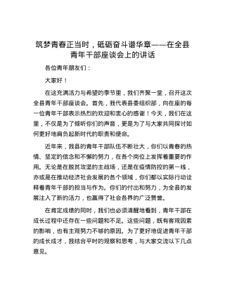 筑梦青春正当时，砥砺奋斗谱华章——在全县青年干部座谈会上的讲话.docx