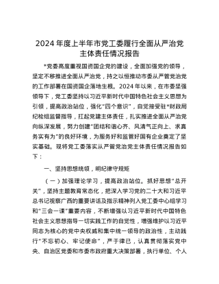 2024年度上半年市党工委履行全面从严治党主体责任情况报告.docx
