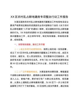 XX区农村乱占耕地建房专项整治行动工作报告.docx