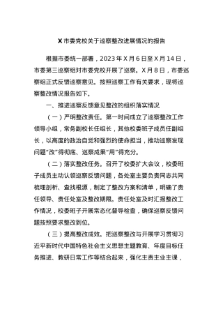 X市委党校关于巡察整改进展情况的报告.docx
