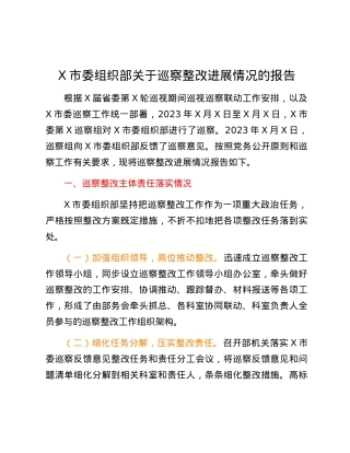 X市委组织部关于巡察整改进展情况的报告.docx