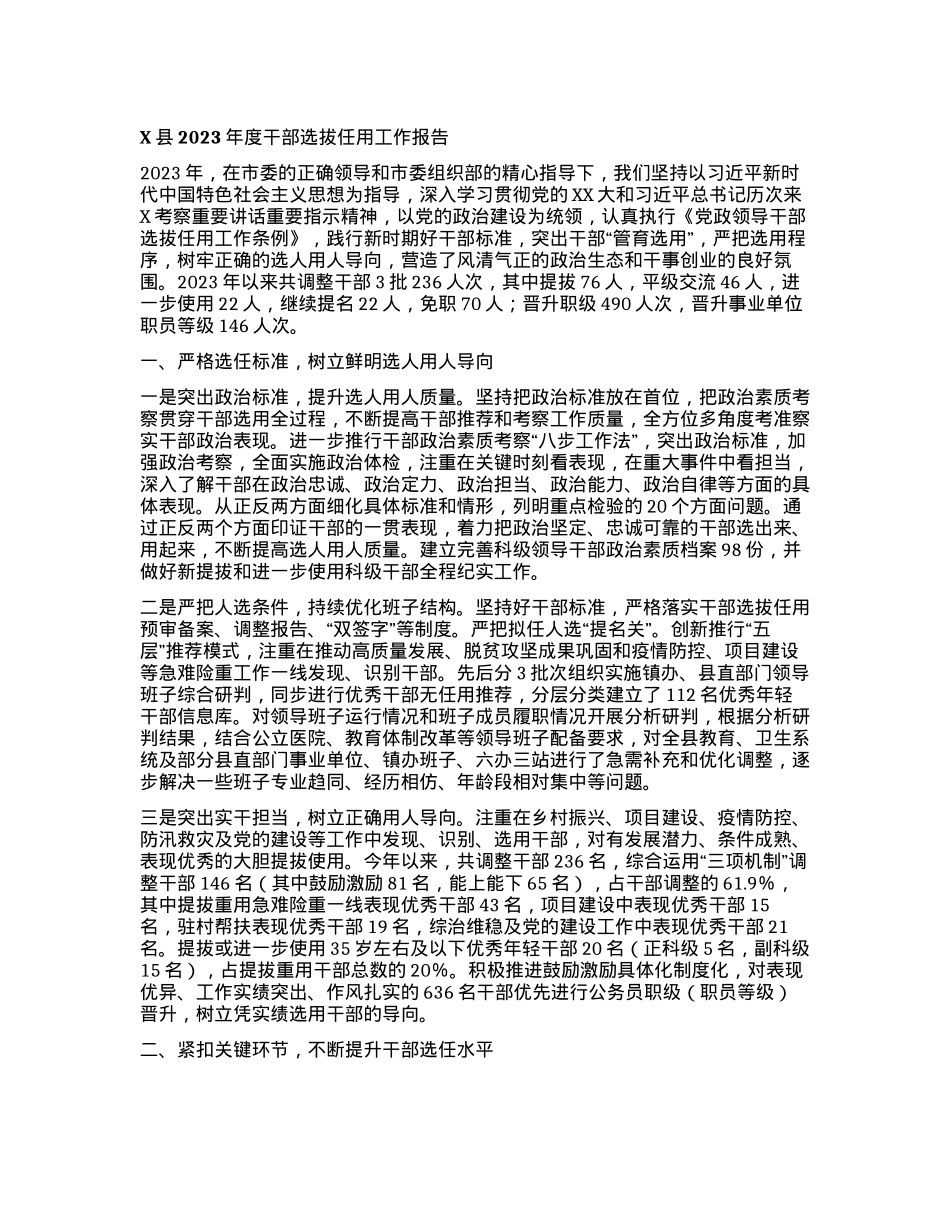 X县2023年度干部选拔任用工作报告.docx_第1页