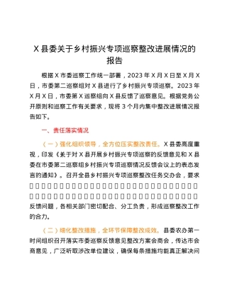 X县委关于乡村振兴专项巡察整改进展情况的报告.docx