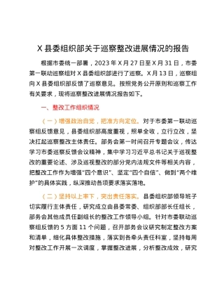 X县委组织部关于巡察整改进展情况的报告.docx